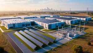 A contemporary data center with rows of rooftop solar panels and an adjacent ground-mounted array near a utility substation at golden hour, with a distant city skyline.