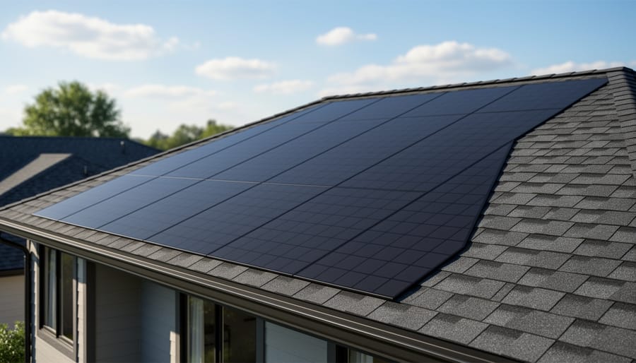 Modern home with black solar shingles installed on roof showing integrated appearance