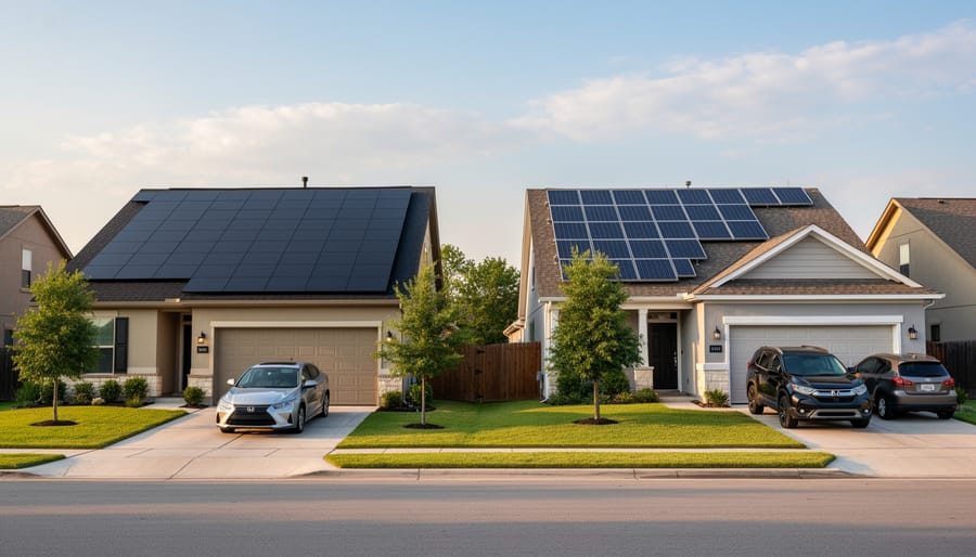 Side-by-side comparison of homes with solar shingles and traditional solar panels
