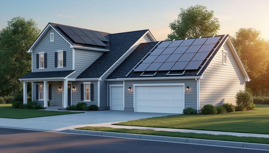 Gable-roof suburban house at golden hour with one roof plane covered in integrated solar shingles and the other fitted with raised solar panels, with yard, driveway, and trees in the background.