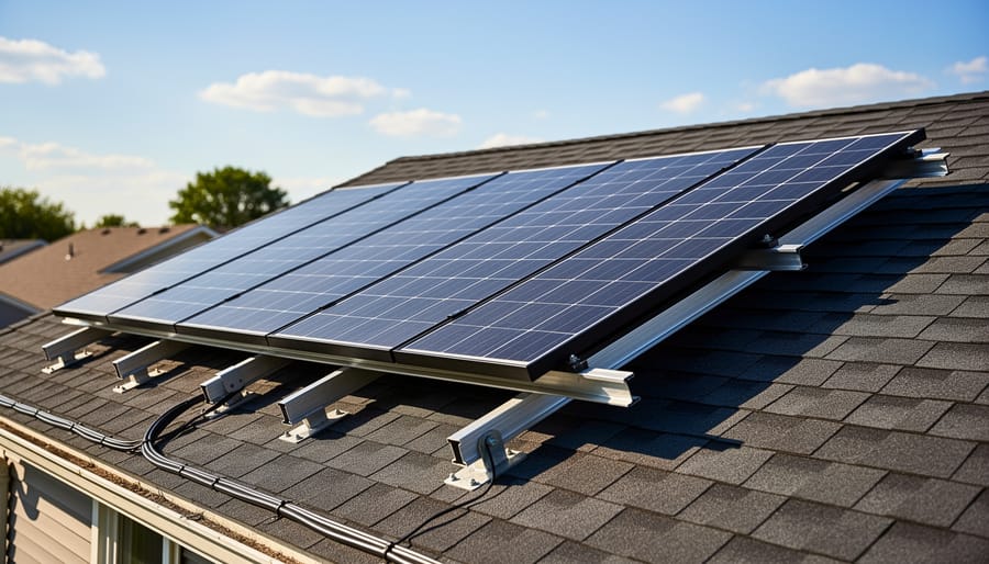 Residential home with traditional blue solar panels mounted on roof racks
