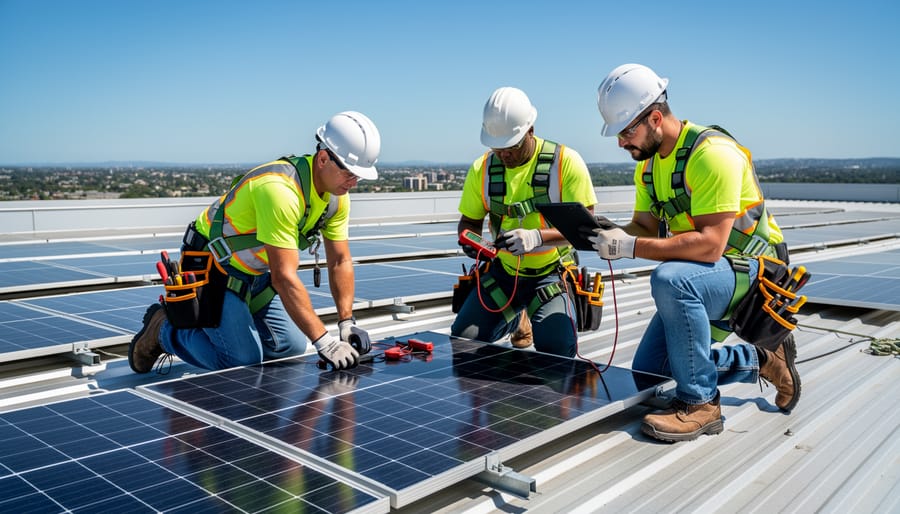 Technician wearing fall protection installing a solar attic fan on a residential roof