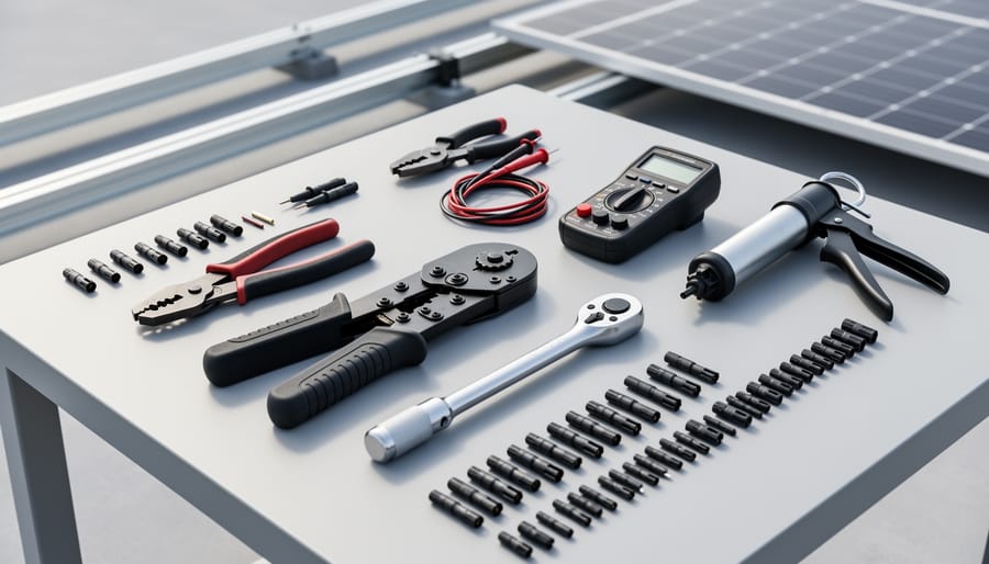 Close-up of solar installation tools including an MC4 crimping tool, torque wrench, multimeter, wire strippers, and sealant gun arranged on a workbench with a rooftop solar panel background.