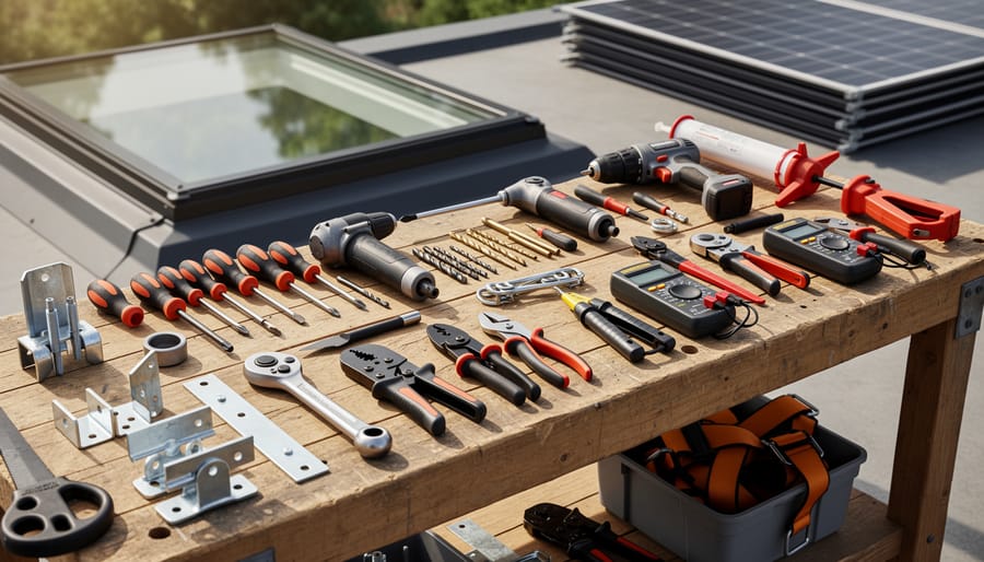 Solar installation tools laid out on a workbench, including drill, hole saw bits, measuring tape, and caulking tools