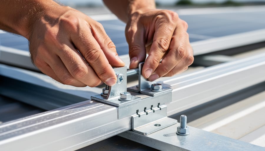 Hands aligning solar mounting accessories and a security tool component near a residential skylight