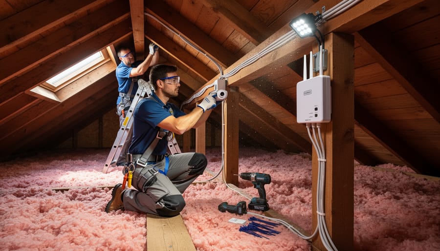 Homeowner inspecting attic fan installation hardware near a mounted security tool