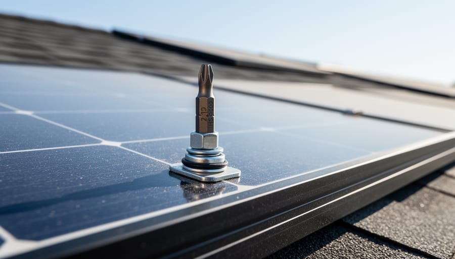 Close-up of a tamper-resistant solar panel mounting point on a rooftop with the HS1000-style security wrench and bit in focus.
