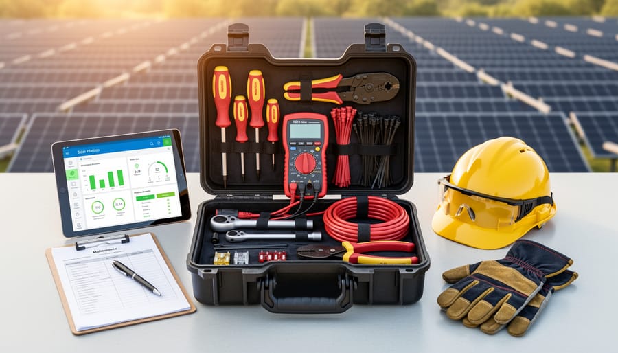 Installer’s toolkit prepared on a workbench beside a residential solar roof setup