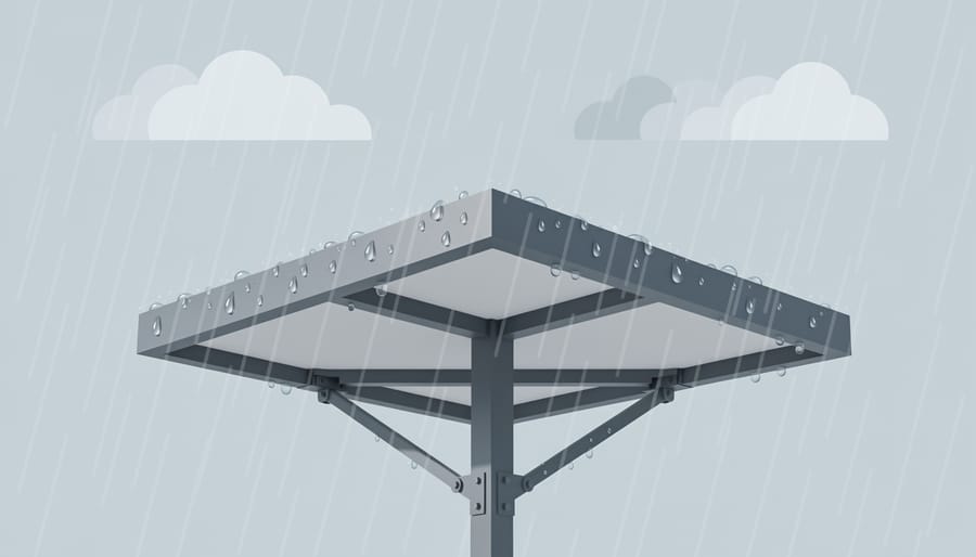Rain droplets on roof shingles and metal mounting hardware showing weather-resistant durability