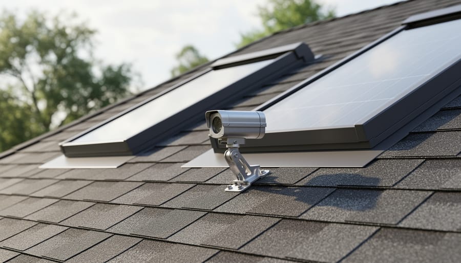 Security tool mounted on the exterior of a home roof near a solar skylight
