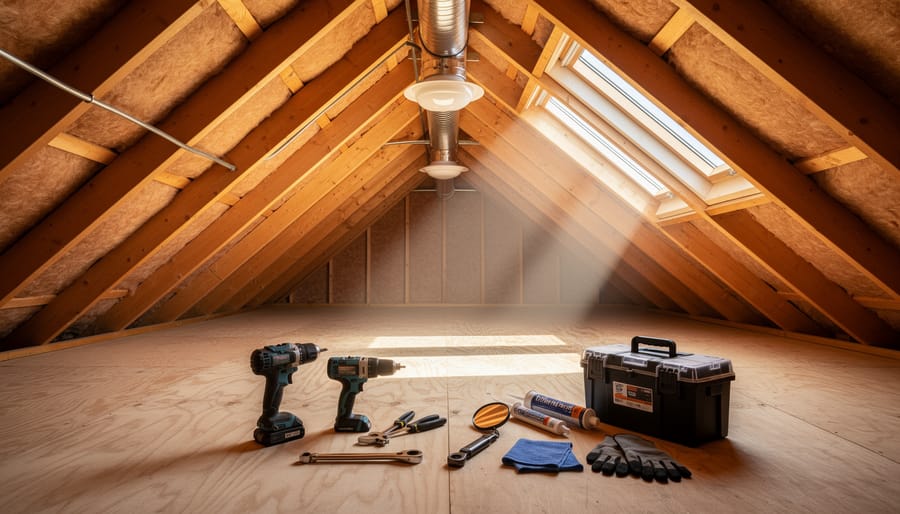 Solar daylighting tubes and skylight visible in a residential attic with service tools on a work mat