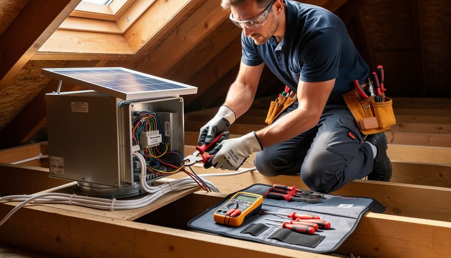 Technician’s gloved hands using an insulated torque wrench near a solar attic fan in an attic