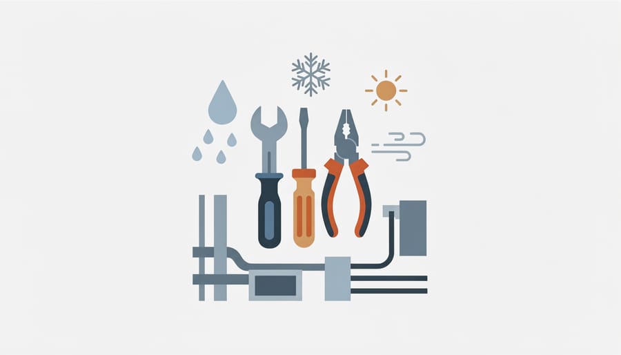 Weatherproof diagnostic meters and a rugged tool pouch beside solar equipment with rain droplets