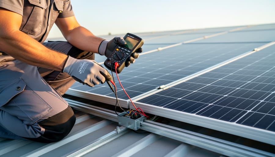 “Solar technician inspecting a rooftop solar panel system with a thermal imaging camera and digital multimeter.”