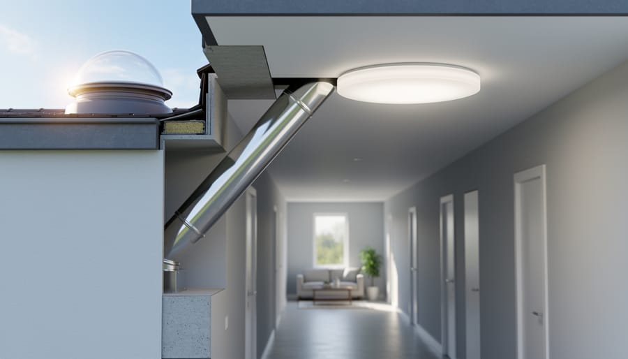 Tubular solar daylighting system with reflective tube and ceiling diffuser distributing natural light through a modern windowless hallway.