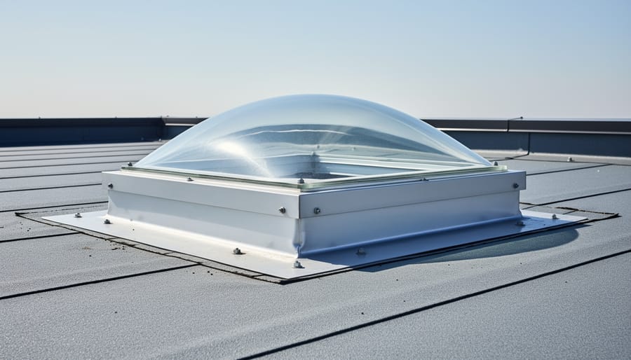 Roof-mounted solar daylighting dome with weatherproof flashing on a residential roof