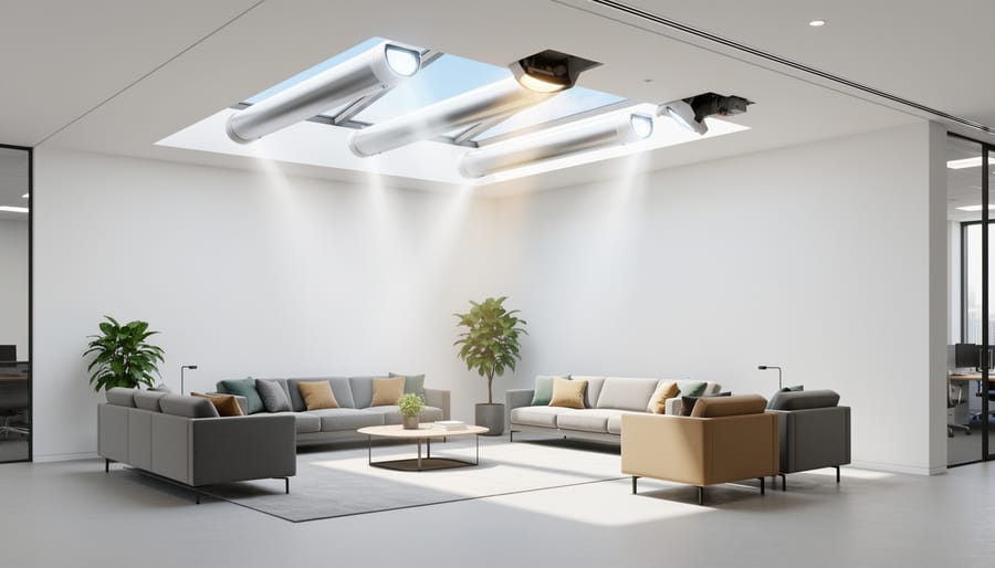 Brightened windowless interior space illuminated by daylight from a solar daylighting system
