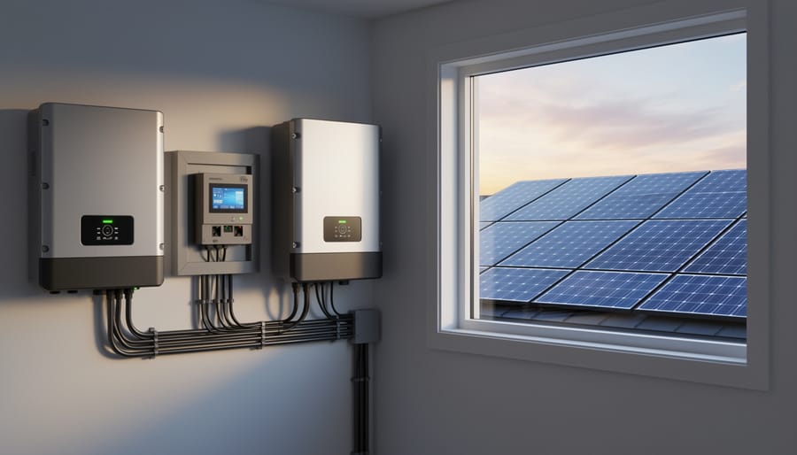 Wall-mounted battery backup storage unit in a home garage near solar power equipment