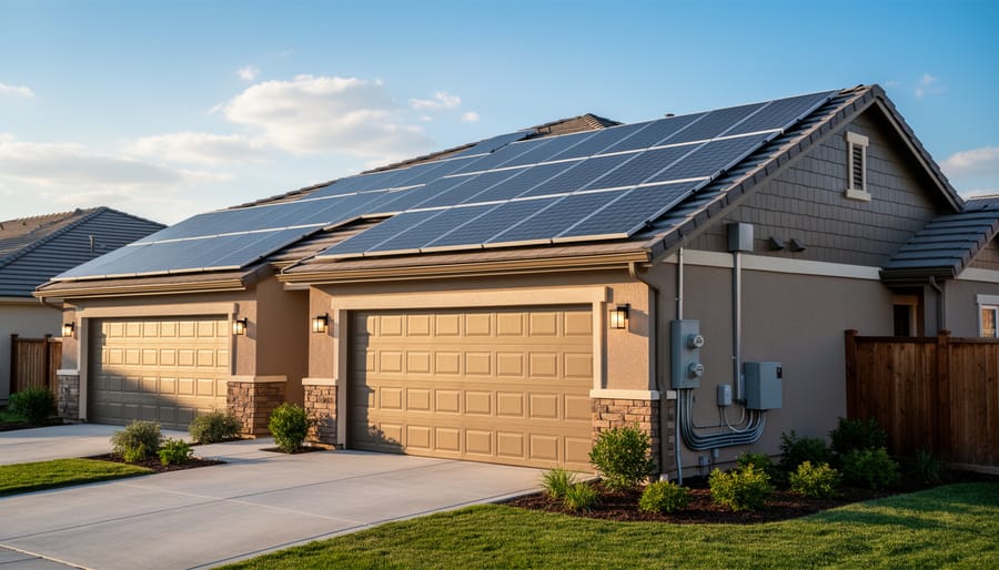 Rooftop solar panels with an exterior utility connection panel on a residential home
