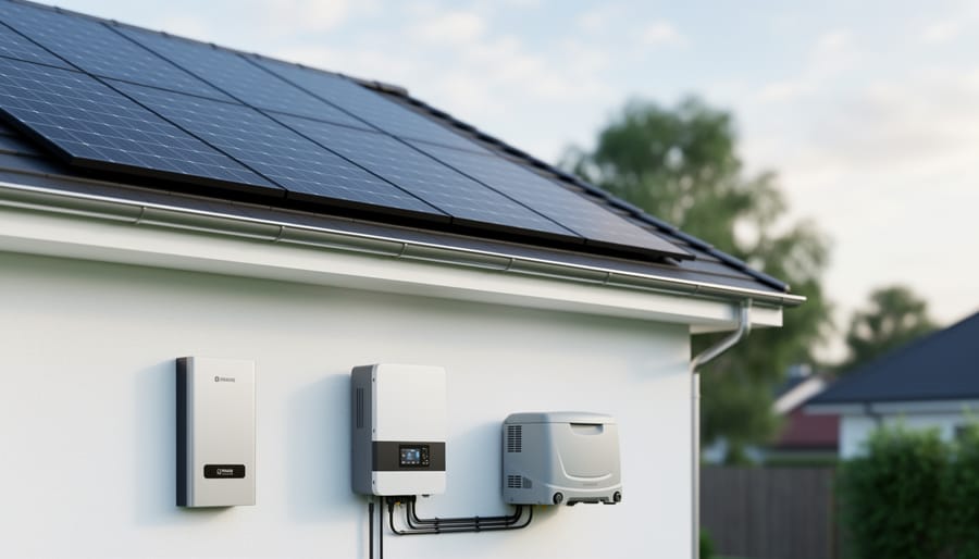Residential solar panels on a modern house with a nearby battery storage unit, grid connection/inverter equipment, and a backup generator for emergency power.