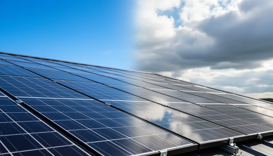 Rooftop solar collector panels mounted on a modern home under a bright overcast sky