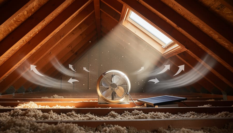 Solar-powered ventilation fan and ducting inside a home attic viewed from above