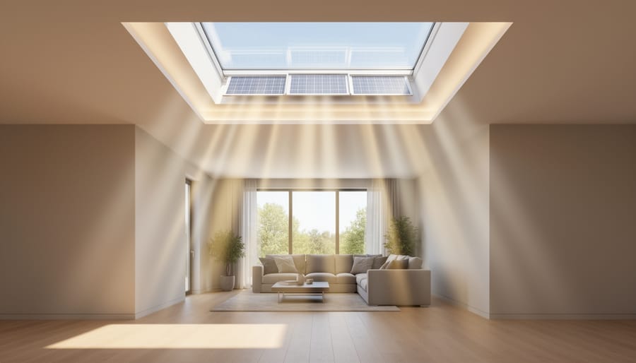 Bright interior hallway with a solar skylight directing natural light through reflective tubing