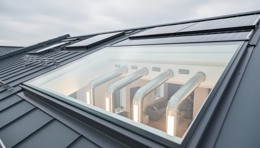 “Modern building roof featuring a solar skylight and light tubes bringing natural light into an interior space with ventilation components visible in the architecture.”